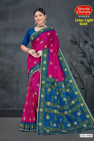 Lime Light Gold Cotton Saree with Pink and Blue Color and Extraordinary Design