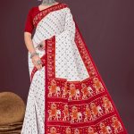 Super Hyko White Red Cotton Saree with Elephant Design