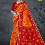 Lime Light Gold Cotton Saree with Orange and Red Color and Extraordinary Design