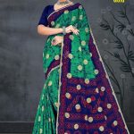 Lime Light Gold Cotton Saree with Peacock Green and Navy Blue Color and Extraordinary Design