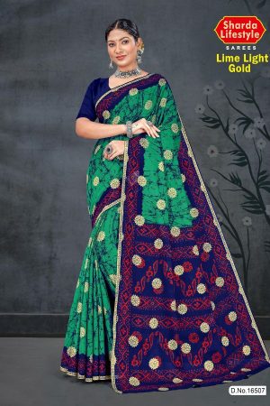 Lime Light Gold Cotton Saree with Peacock Green and Navy Blue Color and Extraordinary Design