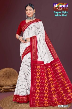 Super Hyko White Red Cotton Saree with Dotted Design