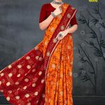 Lime Light Gold Cotton Saree with Orange and Red Color and Extraordinary Design