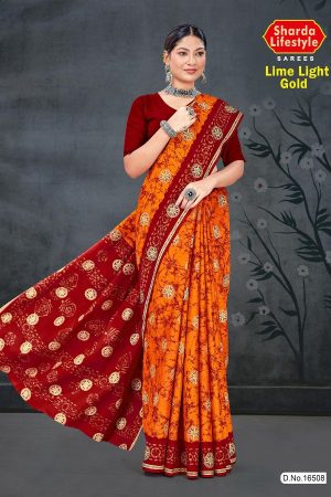 Lime Light Gold Cotton Saree with Orange and Red Color and Extraordinary Design