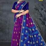 Lime Light Gold Cotton Saree with Navy Blue and Magenta Color and Extraordinary Design