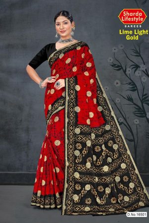 Lime Light Gold Cotton Saree with Bright Red and Black Color and Extraordinary Design