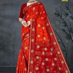 Lime Light Gold Cotton Saree with Hot Orange and Maroon Color and Extraordinary Design