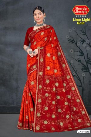 Lime Light Gold Cotton Saree with Hot Orange and Maroon Color and Extraordinary Design