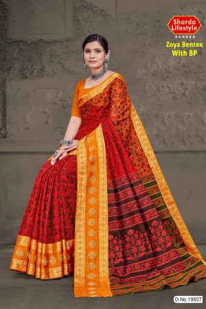 Zoya Bentex with BP Orange and Red Cotton Saree with Flower Pattern