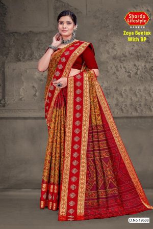 Zoya Bentex with BP Red, Cream, and Yellow Saree with Flower and Leaves Design