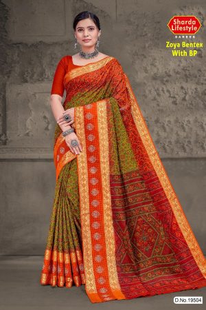 Zoya Bentex with BP Mehndi, Orange, and Red Saree with Modern Design