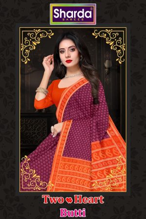 Two Heart Butti cotton saree in orange and magenta with a simple design.