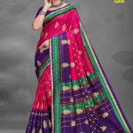 Tirupati Gold cotton saree in dark pink, purple, and peacock green with embroidery design.