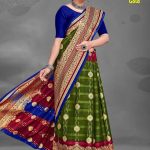 Tirupati Gold cotton saree in dark blue, maroon, and chutney green with a wonderful design.