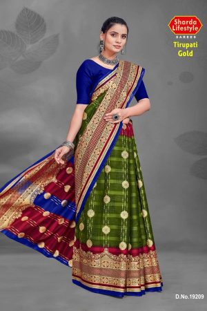 Tirupati Gold cotton saree in dark blue, maroon, and chutney green with a wonderful design.