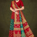 Tirupati Gold Cotton Saree in Red, Golden, and Peacock Green with Embroidery