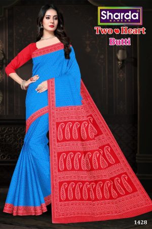 Two Heart Butti cotton saree in blue and red with a simple yet elegant design.