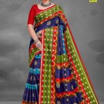 Tirupati Gold cotton saree in metal blue, sky blue, dark green, and red with intricate design.