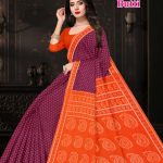 Two Heart Butti magenta and orange cotton saree with a simple dotted design.