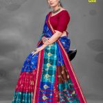 Tirupati Gold cotton saree in metal blue, sky blue, pink, and maroon with intricate embroidery.