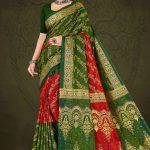 Tirupati Gold Cotton Saree with Green, Golden, and Red Colors and Embroidery