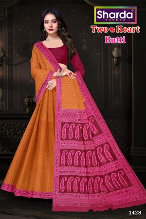 Two Heart Butti orange and pink cotton saree with a simple dotted design.