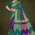 Full View of Tirupati Gold Cotton Saree in Green, Golden, and Purple with Fine Embroidery Design