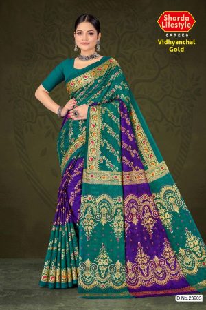 Full View of Tirupati Gold Cotton Saree in Green, Golden, and Purple with Fine Embroidery Design