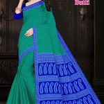 Two Heart Butti green and blue cotton saree with a simple dotted design.