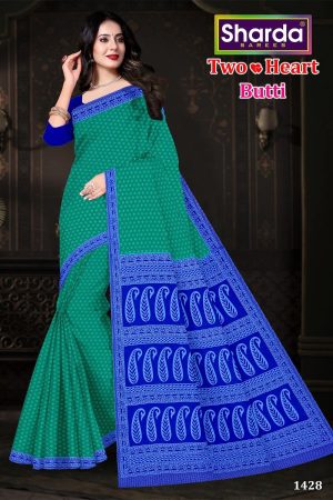 Two Heart Butti green and blue cotton saree with a simple dotted design.