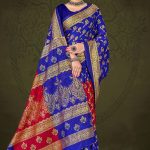 Tirupati Gold Cotton Saree with Dark Blue, Golden, and Red Colors and Embroidery