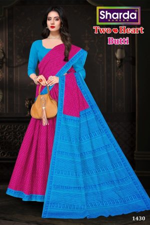 Two Heart Butti pink and blue cotton saree with a simple and elegant design.