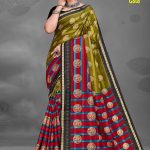 Tirupati Gold cotton saree in green, maroon, and black with a unique intricate design.