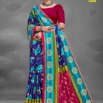 Tirupati Gold cotton saree in blue, sky blue, pink, and chutney green with a unique intricate design.