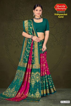 Tirupati Gold Cotton Saree in Green, Pink, and Golden with Embroidery Design