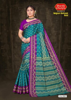 Belgium Hallmark Saree in teal blue with violet border
