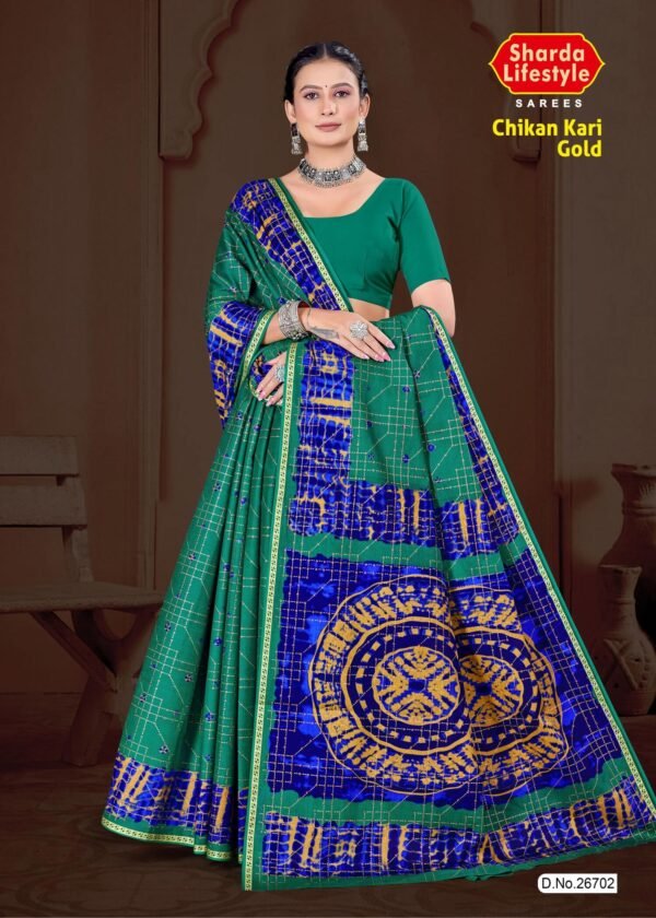 Chikan Kari Gold Green Saree with Hand Embroidery