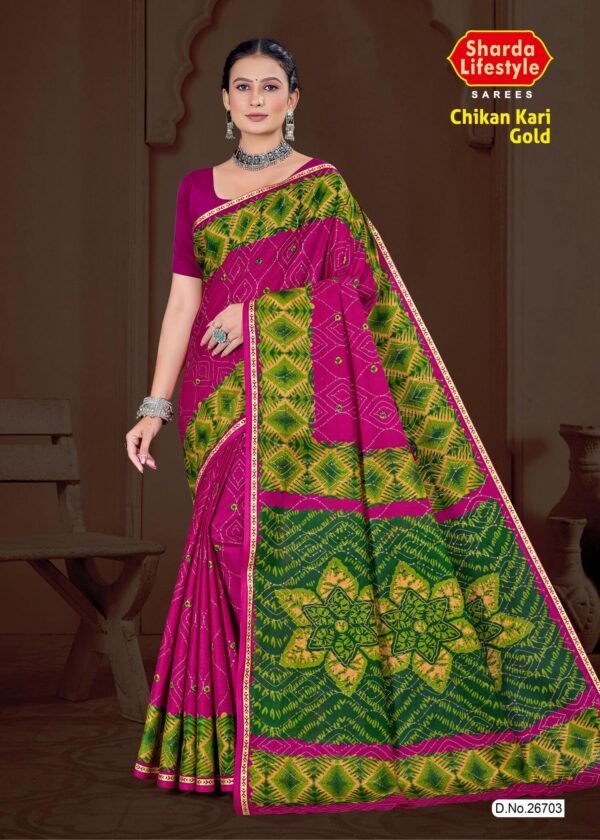 Chikan Kari Gold Saree in Pink and Olive with Hand Embroidery