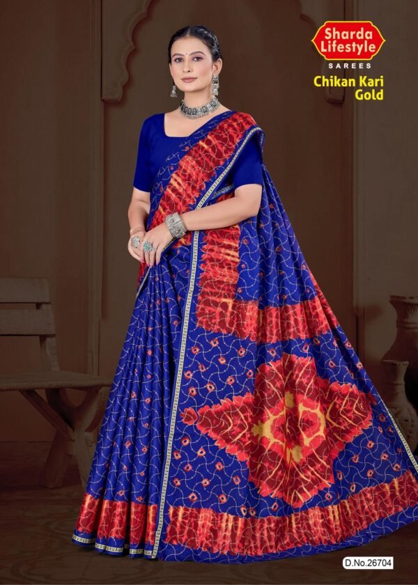 Chikan Kari Gold Saree in Dark Blue with Traditional Embroidery