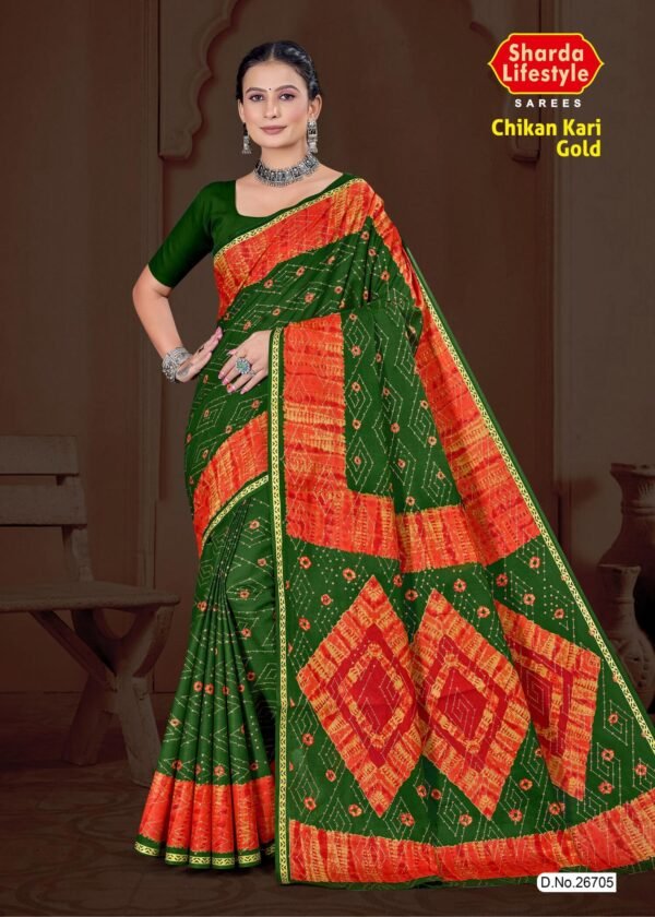 Chikan Kari Gold Saree in Olive Green with Traditional Embroidery