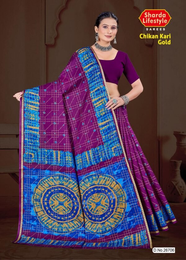 Chikan Kari Gold Saree in Violet and Blue with Traditional Embroidery
