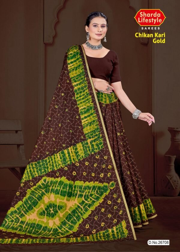 Chikan Kari Gold Saree in Brown and Olive Green