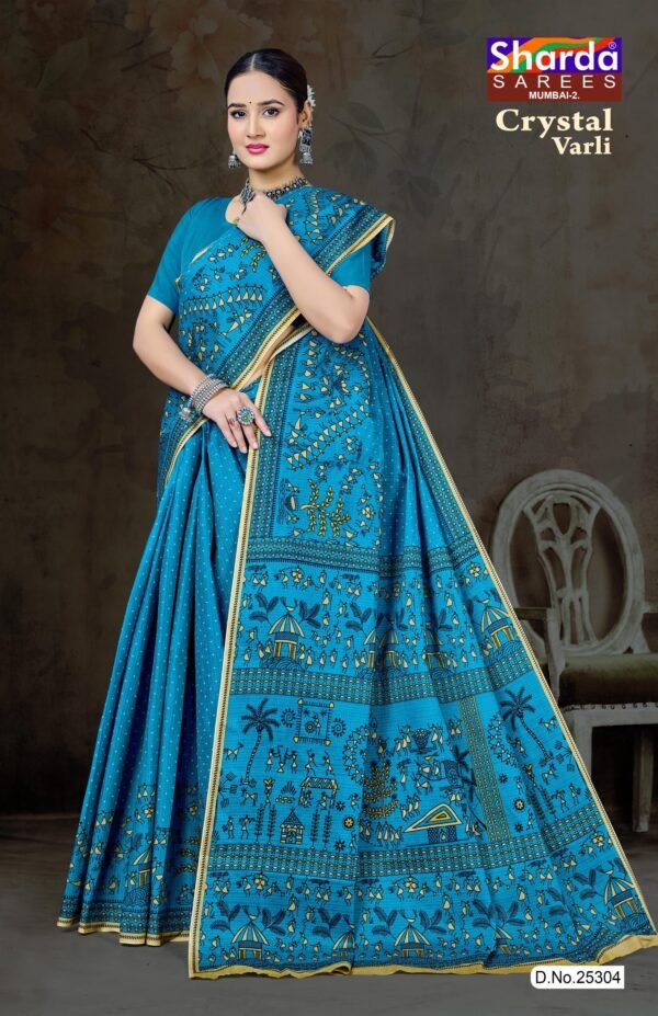 Crystal Varli Sky Blue Saree with Floral Print