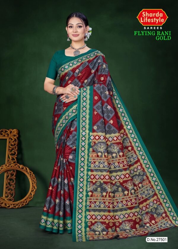 Flying Rani Gold Red Saree with Teal Green Blouse