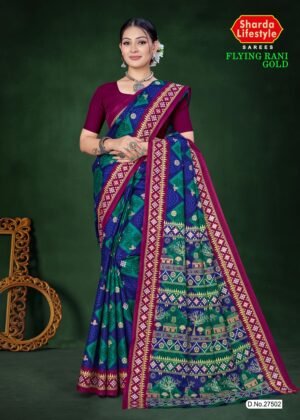 Flying Rani Gold Dark Blue Saree with Dark Pink Blouse