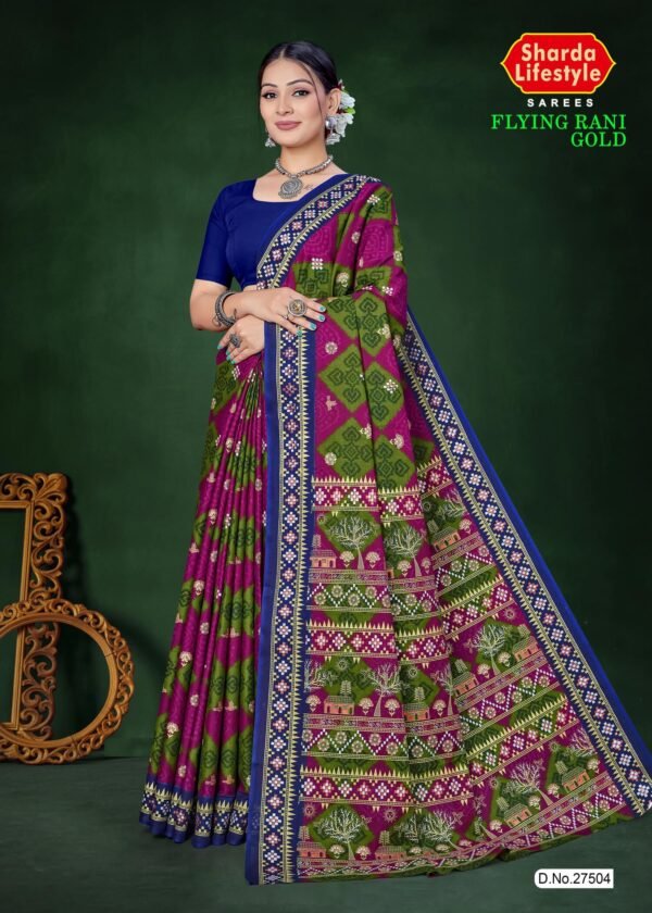 Flying Rani Gold Pink and Olive Saree with Dark Blue Blouse