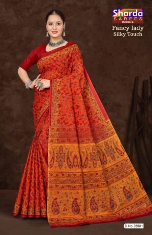 Fancy Lady Silky Touch Orange Saree with Red Blouse