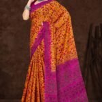 Fancy Lady Silky Orange Saree with Pink Blouse