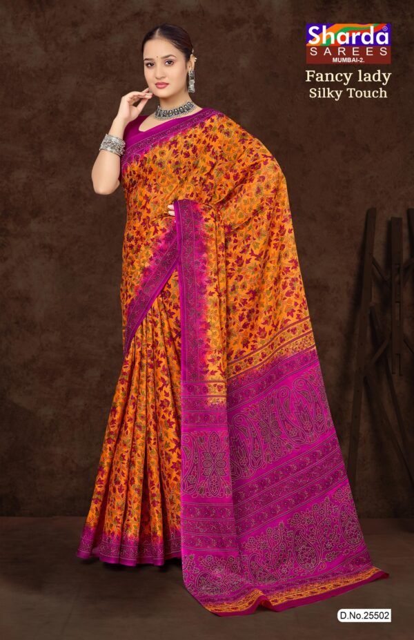 Fancy Lady Silky Orange Saree with Pink Blouse