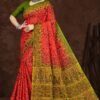 Fancy Lady Silky Orange Saree with Olive Blouse